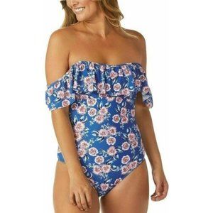 $78 Raisins Maui One Piece Swimsuit Off the Shoulder Blue Multi-floral XL